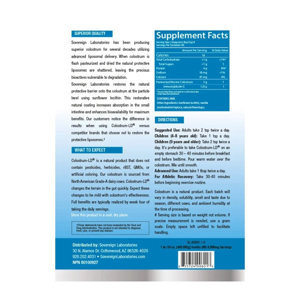 Sovereign Labs - Colostrum LD® Powder, Organic Vanilla Flavor - 16 oz. (454 grams)