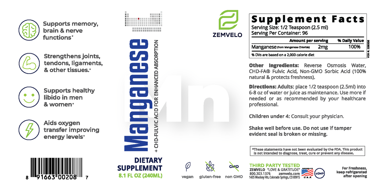 Zemvelo  MANGANESE 120ml / 4oz (previously mineralife)