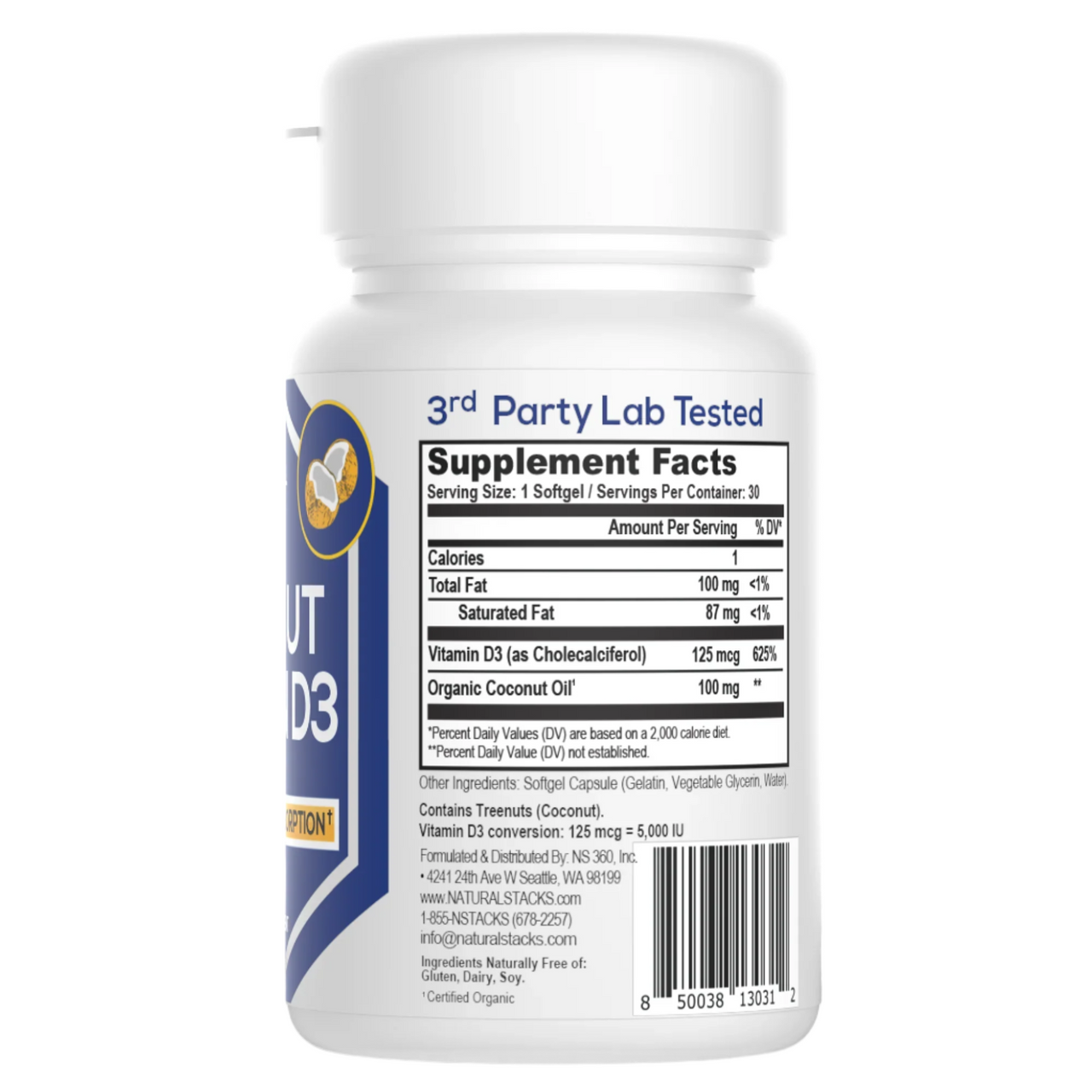 Vitamin D3 5,000 IU with Organic Coconut Oil - 30 ct.(Natural Stacks)