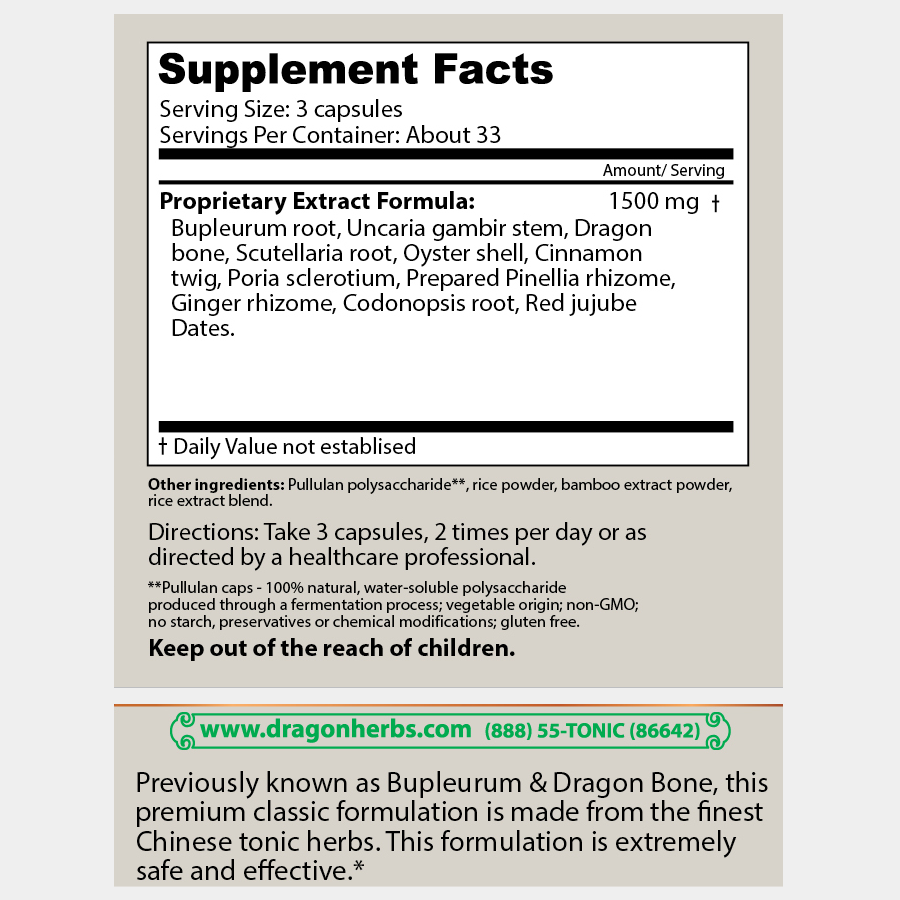 Dragon Herbs Bupleurum and Dragon Bone 100 Capsules (480mg) (aka The Great Stabilizer)