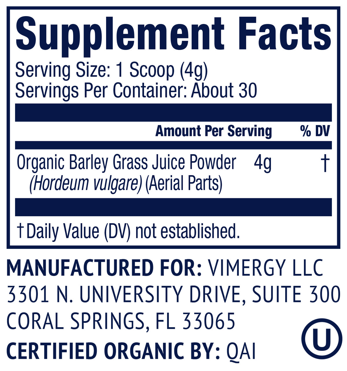 Vimergy Herbs - USDA Organic Barleygrass Juice Extract Powder 120g (Trial Size)
