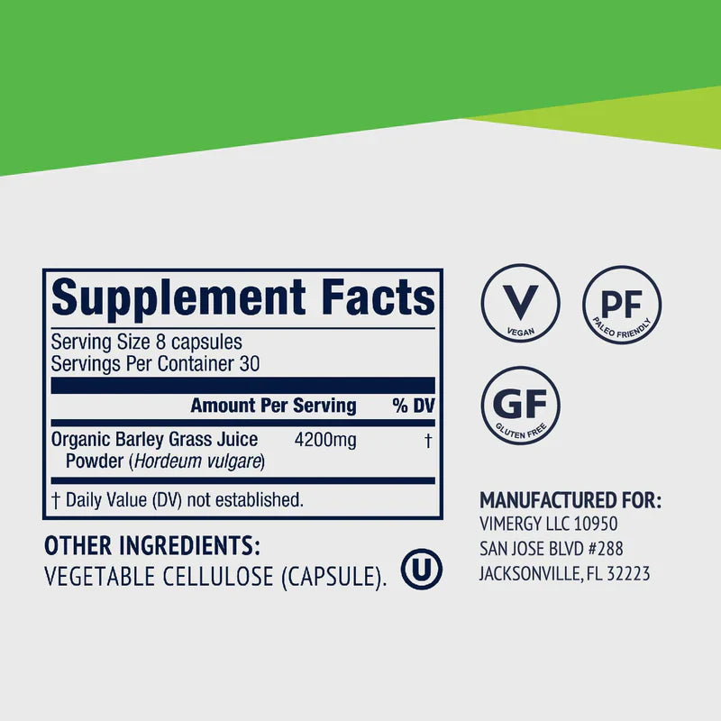 Vimergy Herbs - USDA Organic Barleygrass Juice Extract Powder in capsules (240caps)