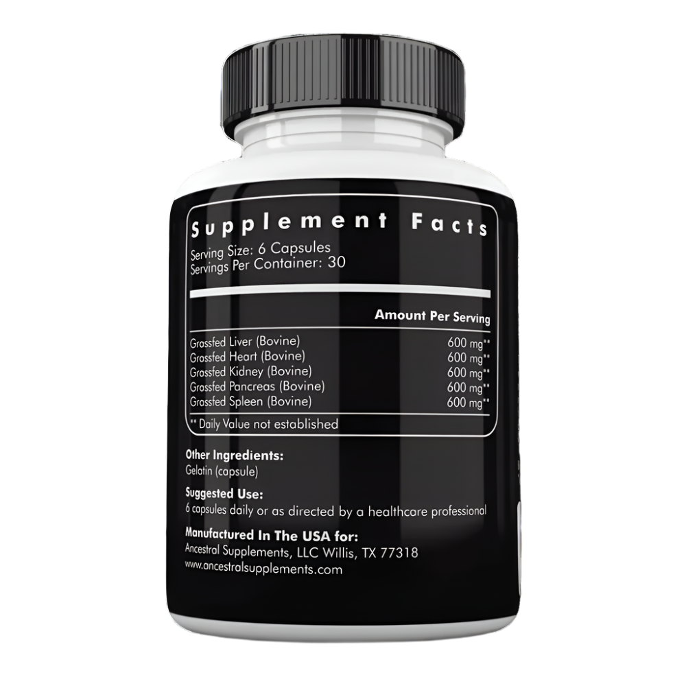 Ancestral Supplements - Grass Fed Desiccated Beef Organs (Liver, Heart, Kidney, Pancreas, Spleen) 180caps 500mg
