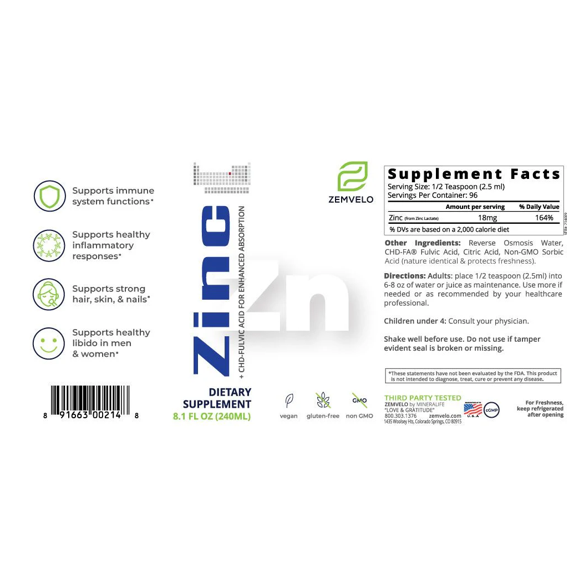 Zemvelo - ZINC 240ml - 8floz (previously Mineralife)